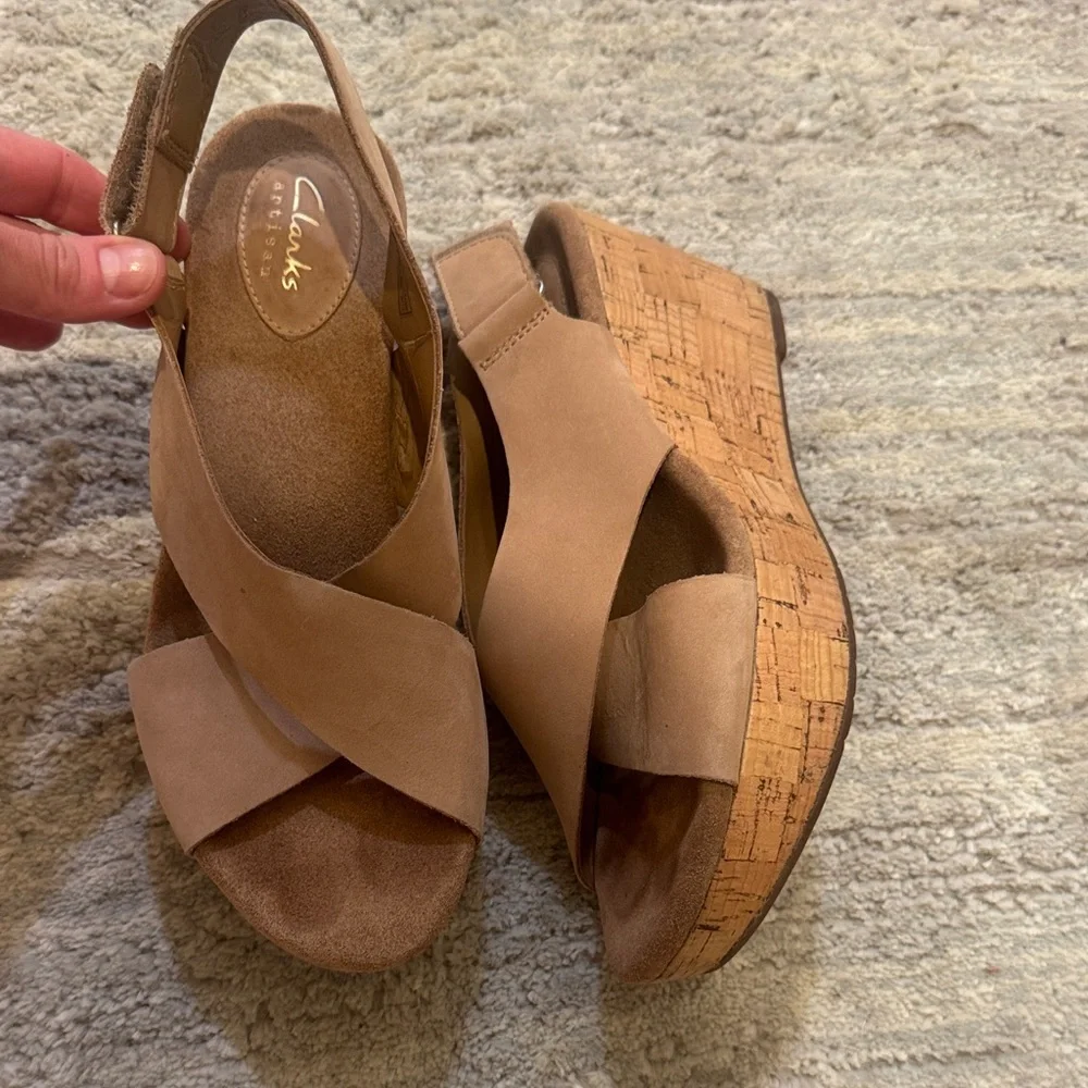 Clarks Beige Suede Cross-Strap Wedge Sandals